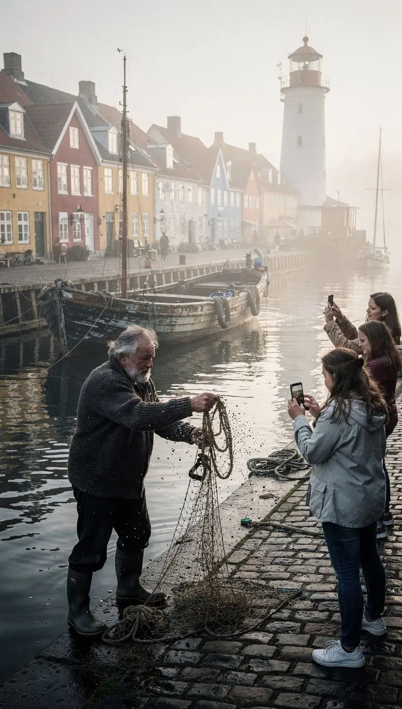 Fotografi af en hyggelig havnepromenade med caféer og lokale butikker i en autentisk kystby i Danmark.